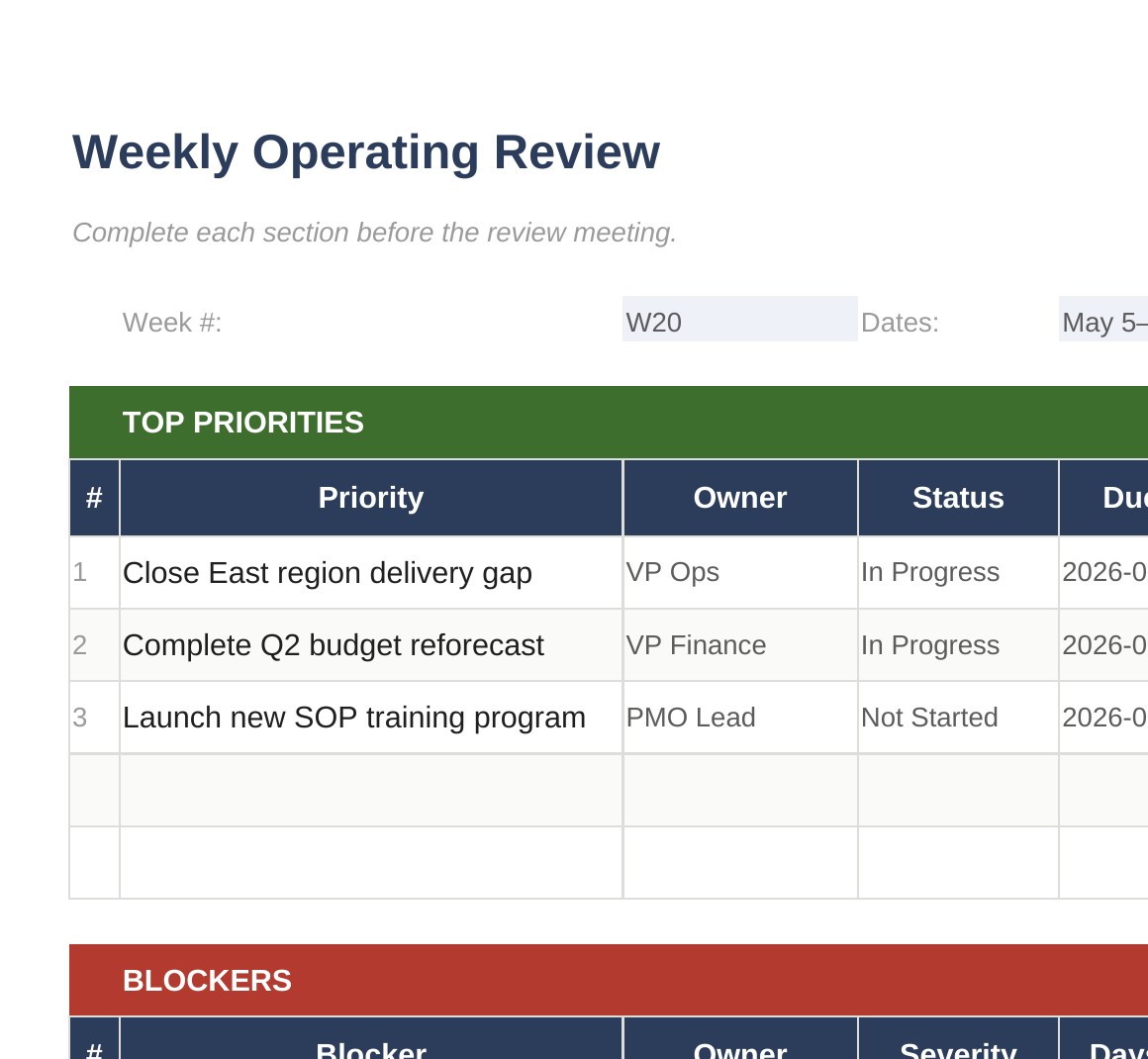 Weekly Review — structured weekly operating rhythm